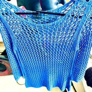 Tribal Blue mesh Knit Top. New bathing suit cover-up. Tank/jeans great look